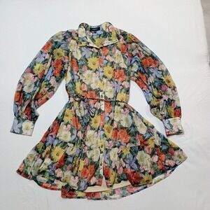 Aakaa Floral Colorful Semi Sheer Button Long Sleeve Fairy Chiffon Core Dress Sm